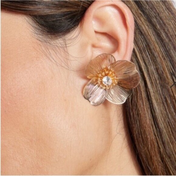 New! Anthropologie Gold Wire Flower Statement Earrings NWOT - Picture 4 of 4